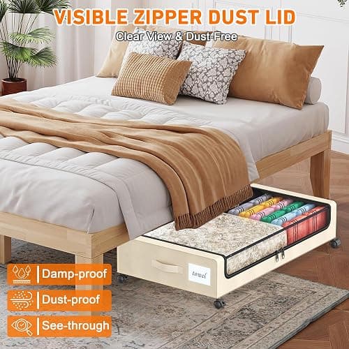 Under Bed Storage with Wheels, 2-Pack Under Bed Storage Containers with Clear Lids, XXL 60L Under the bed storage Organizer Bins, Rolling Under Bed Metal Drawer for Clothes,Shoes,Toys (White, 2 Pack) thumbnail 6