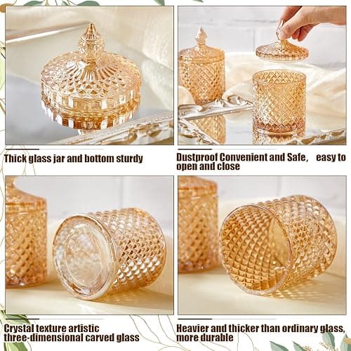 Aoriher 4 Pcs Crystal Glass Candy Jar Set with Lids Home Decorative Storage Jars for Apothecary, Bathroom, Kitchen, and Pantry, Ideal for Cotton Swabs and Jewelry(Medium,Amber) thumbnail 4