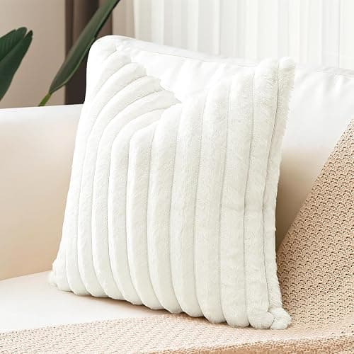 Sungeek Set of 1 White Faux Rabbit Fur Cushion Cover 40x40 cm, Soft Cozy Plush Striped Decorative Throw Pillow Covers 16x16 Inch Velvet Square Pillowcases for Sofa Bedroom thumbnail 7