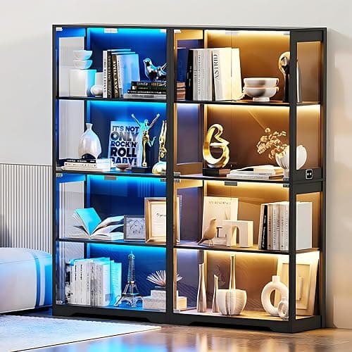 BROTTAR Display Cabinet with Glass Doors, 4-Tier Curio Cabinet with 3 Color Lights for Collectibles, Glass Display Case with Human Body Sensor, Bookcase with 4 Shelves, Storage Cabinets, Black thumbnail 7