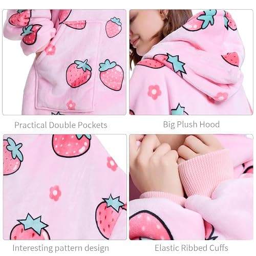 Aemicion Blanket Hoodie for Adults,Super Warm Cozy Giant Wearable Blanket,Thick Sherpa Sweatshirt Blanket with Sleeves as Gifts for Women Mom Teen Girls -Pink Strawberry thumbnail 4