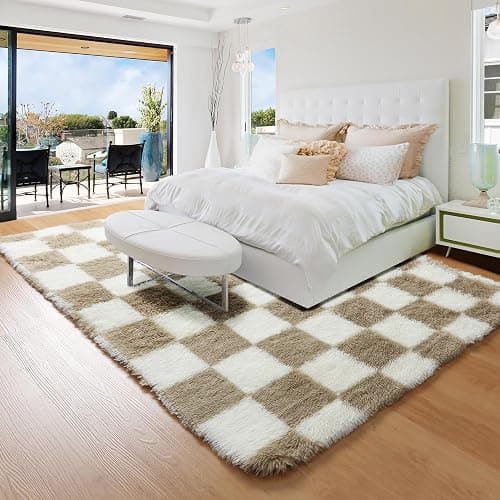 KICMOR Area Rugs for Bedroom Living Room, 4x6 Fluffy Soft Beige and Cream White Checkered Rug Fuzzy Shag Shaggy Carpet, Indoor Plush Rugs for Kids Boys Girls Dorm Nursery Office Home Decor Aesthetic thumbnail 8
