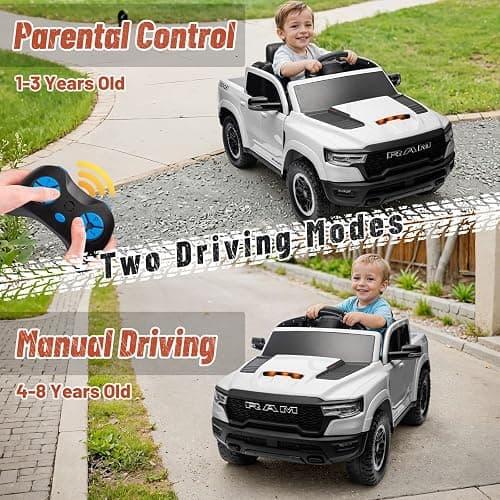 Segmart Licensed RAM 1500 12V Kids Ride on Truck, Electric Car with Remote Control, RAM Truck for Kids with Real Key Start & Gear Shifter, Bluetooth Music, Back Storage (White) thumbnail 4