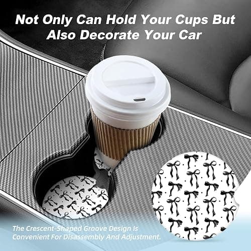 Black Bow Car Coasters for Cup Holders,2 Pack Car Cup Holder Coasters for Car,Ceramic Absorbent Car Coaster with A Finger Notch and Cork Base,Car Interior Accessories for Women Men thumbnail 7
