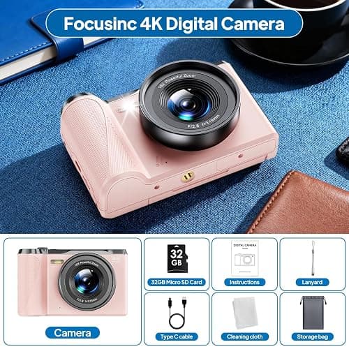 4K Digital Camera for Photography, 56MP Vlogging Camera with 32GB SD Card | Focusinc 3" 180° Flip Screen Compact Travel Camera for Teens Begnners with 16X Zoom,Pink thumbnail 6