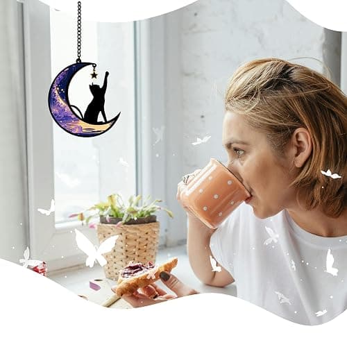 Halloween Black Cat Moon Decor Witchy Gifts for Women | Cat Lovers Friends Teen Girls Stained Glass Window Hanging Ornament Gifts For Christmas Halloween Decorations (Purple) thumbnail 2