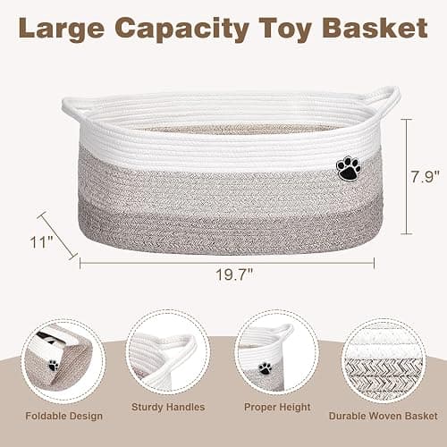 Optish Dog Toy Basket, Toy Box and Bin for Dog Cat Storage, 19.7" X 11" X 7.9" (30L) Large Woven Rope Basket for Blanket Storage, Living Room, Bedroom, White & Brown thumbnail 2