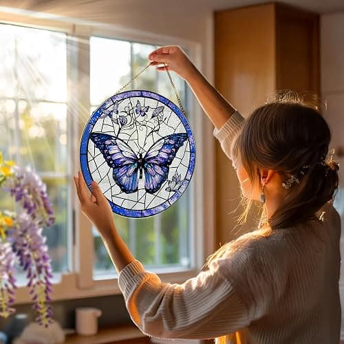 Stained Glass Window Hanging, 8 Inch Purple Butterfly Stained Glass Suncatcher, Butterfly Light Catcher, Window Hanging Decor, Gifts for Mother's Day, Christmas, Birthday, Gifts for Women Mom Grandma thumbnail 2