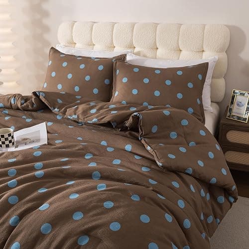 Caressma Brown Full Comforter Set with Polka Dots 3 Pieces Bedding Set | Mustard Yellow with Polka Dot Comforter Bed Set, Cozy Washed Seersucker Comforter Set with Pillowshams thumbnail 3