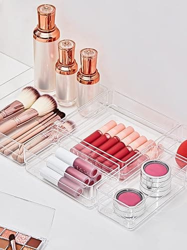 SMARTAKE 13-Piece Drawer Organizer with Non-Slip Silicone Pads, 5-Size Desk Drawer Organizer Trays Storage Tray for Makeup, Jewelries, Utensils in Bedroom Dresser, Office and Kitchen (Clear) thumbnail 2