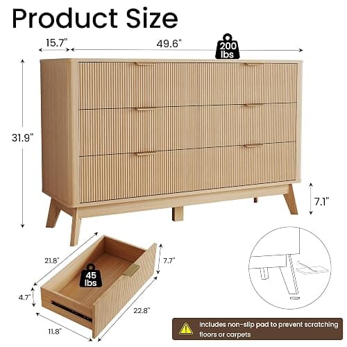 SUNWAVE 6 Drawer Dresser for Bedroom, 49.6" Wide Modern Fluted Dresser with Round Corner, Wood Chest of Drawers for Living Room (Oak) thumbnail 2