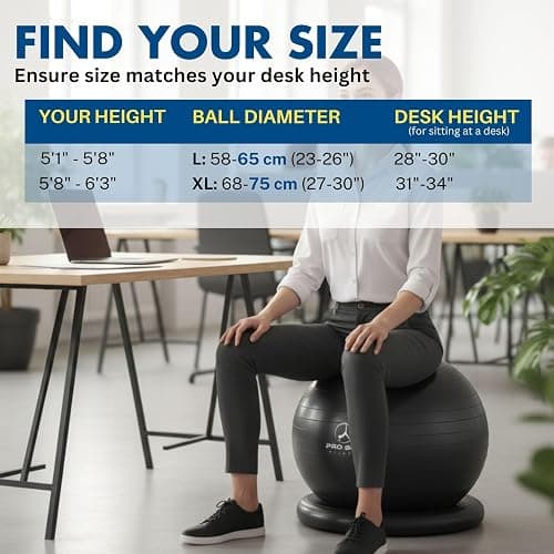 ProBody Pilates Yoga Ball Chair, Exercise Ball Chair with Base or Stand for Home Office Desk Sitting or Workout, 65cm Antiburst Balance & Stability Ball Seat, Large Gym Ball for Back, Abs thumbnail 5