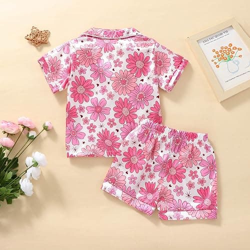 Qiylii 1-6Y Toddler Girls Floral Silk Pajamas Short Sleeve Button-Up Top Shorts Summer 2PC Flowers Satin Pajamas Set thumbnail 7