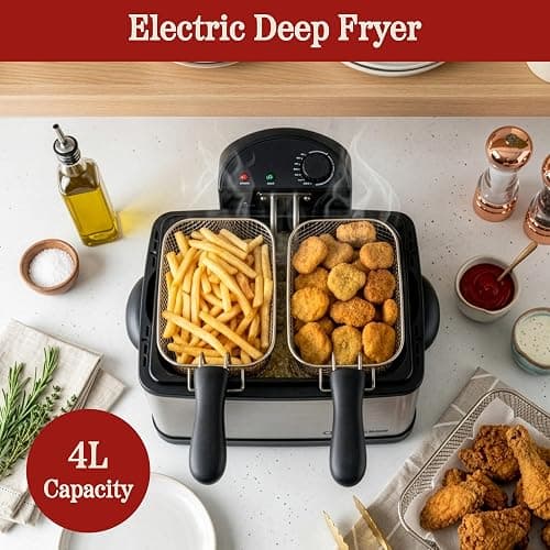 Classic Cuisine Deep Fryer, 4L Electric Oil Fryer, Silver, 16”x12.5”x9” | Stainless-Steel Cooker with 3 Baskets, Cool Touch Features, See-Through Lid and Double Odor Filter Technology thumbnail 4