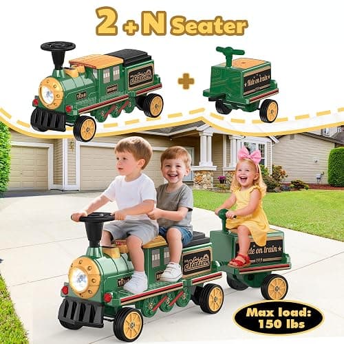 ANPABO 2-Seater Ride On Train Trackless, 12V Kids Car with Height-Adjustable Seat, Extra Storage, Headlight, Train Whistle & Music, Electric Car for Kids 3+ (Carriage Not Included), Green thumbnail 2