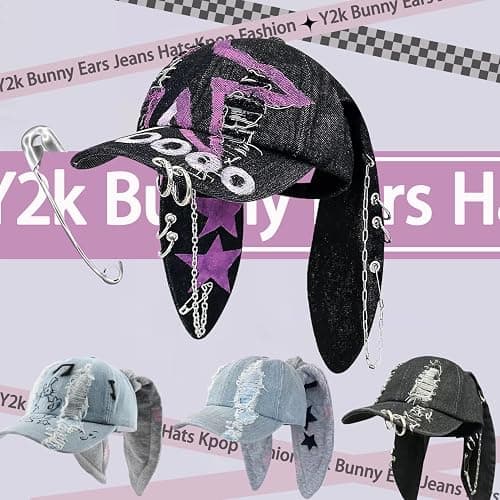 THESSNCE Y2k Hat Punk Hats Denim Bunny Hat Chains Distressed Baseball Cap Kpop Outfits Y2k Grunge Hats for Women thumbnail 6