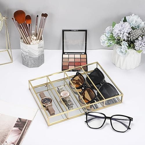 Hipiwe Sunglass Organizer Tray, 4 Grids Eyeglasses Watch Holder Gold Glass Eyewear Glasses Storage Case for Women Men, Mirrored Jewelry Perfume Vanity Display Tray Drawer Divider Insert thumbnail 2