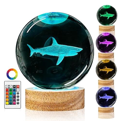 3D Shark Crystal Ball Night Light with Remote Lifelike 3.15 In Shark Sea Animal Glass Ball Lamps with 16 Color LED Wooden Base for Birthday Holiday, Cool Shark Toy Room Decor Gifts for Boys Girls Kids - Image 1