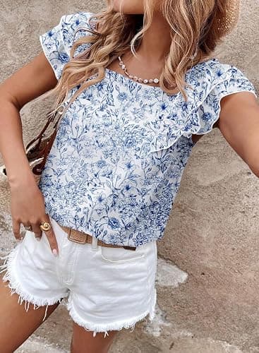 Falechay Womens Bow Tie Back Tops Round Neck Ruffle Short Sleeve Shirts Cute Babydoll Chiffon Tee Women Summer Trendy Tunic thumbnail 5