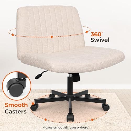 NEO CHAIR Criss Cross Chair with Wheels Home Office Cross Legged Armless Chairs Ergonomic Adjustable Computer Desk Task Wide Seat for Bedroom Vanity Comfy Swivel (Beige) | Cross-Legged Comfort for Vanity, Bedroom, or Home Office, 360° Swivel, Adjustable Height, Rolling Base, and Fabric Finish thumbnail 6