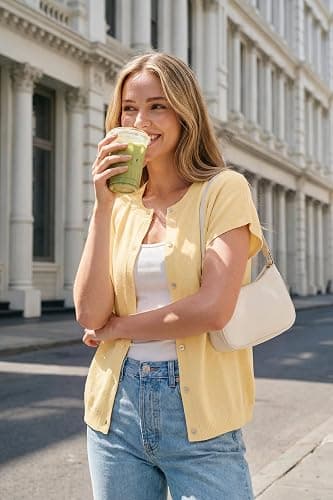 Arach&Cloz Women's Wool Blend Oversized Lightweight Cardigan Short Sleeve Summer Casual Sweaters Tops thumbnail 2