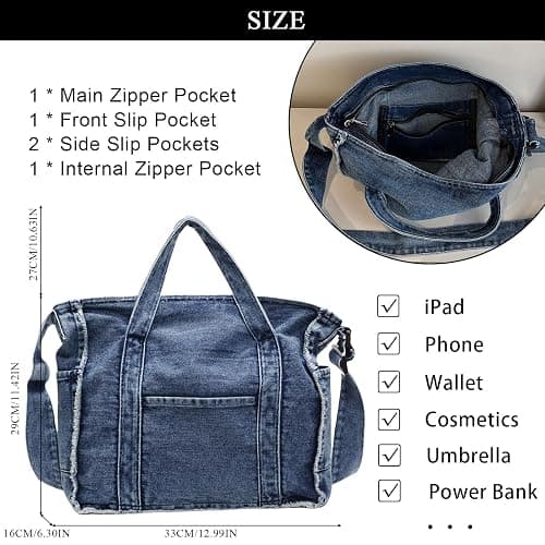 Extolove Denim Tote Bags for Women Jean Purse Casual Denim Handbag Large Capacity Crossbody Shoulder Bag thumbnail 4