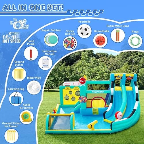 FINCOME Bounce House Double Slides for Kids 3-10, Large Bounce Castle with Air Blower 550W, Pool, Jumping, Climbing, Balls, Ring Toss, Inflatable Water Park for Birthday Party Holiday Outdoor Indoor thumbnail 7