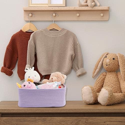 XUANGUO Small Woven Storage Baskets for Shelves, 12" x 8" x 5", Purple | Decorative rope storage bins for closets and toy storage; cute organizer baskets, empty gift baskets and nursery storage. thumbnail 5