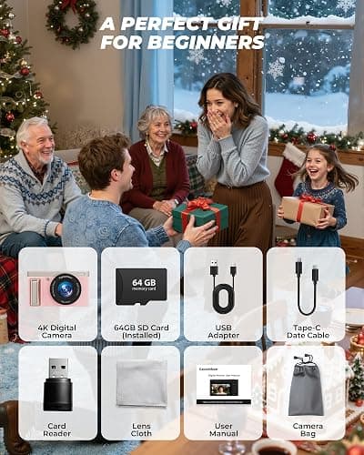 4K Digital Camera,64MP Cameras for Photography with 16X Digital Zoom, AutoFocus Vlogging Camera for YouTube, 3" 180°Flip Screen Compact Travel Camera, Anti-Shake 4K Video Cameras with 64GB Card, Pink thumbnail 7