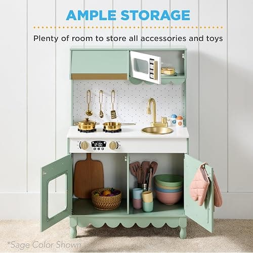 Best Choice Products Wooden Pretend Play Cottage Kitchen Kids Toy w/Storage, Scalloped Edge, 5 Accessories, Microwave, Oven, Clicking Knobs - Cream thumbnail 3