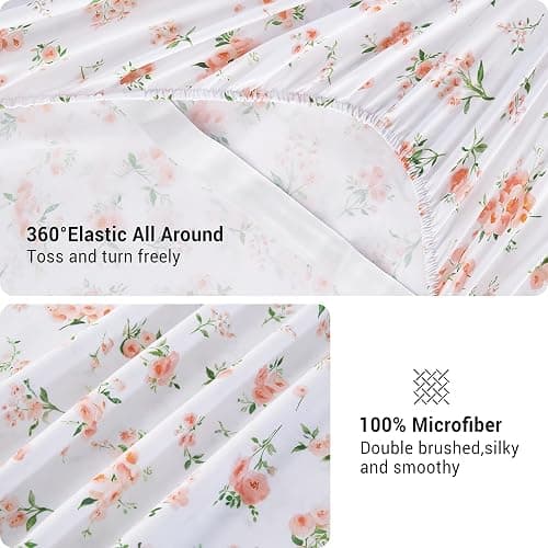 Viviland Floral Twin Sheet Set - 3 Piece Vintage Pink Flower and Leaves Patterned Bed Sheets - Soft, Breathable Microfiber Sheets with Deep Pocket, Non-Slip Fitted Sheets & Pillowcases thumbnail 4