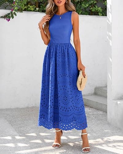 dowerme Women Sleeveless Lace Eyelet Cotton Tank Maxi Dress | Summer Casual Crewneck A-Line Dresses 2026,Fall Knit And Woven Boho Sundress with Pockets,Cute Wedding Beach Vacation Clothes thumbnail 6