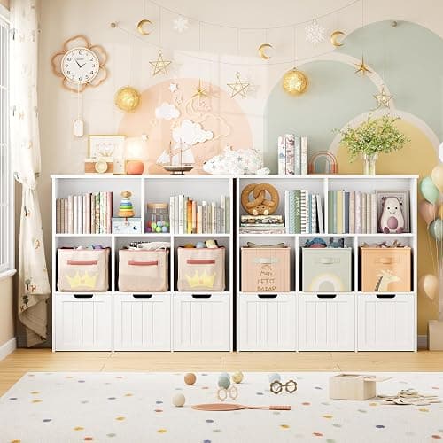 FOTOSOK Toy Storage Organizer with 3 Movable Drawers, Toy Organizer with Hidden Wheels and 5 Open Cubbies, Multifunctional Floor Storage Chest for Playroom, White thumbnail 3