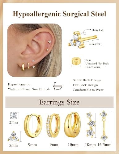 M MOOHAM Hypoallergenic Gold Flat Back Stud Earring Stack for Women | 14K Gold Plated, Flatback Stud Earrings Set for Women, Cartilage Earrings Stack for Sensitive Ears, Trendy Jewelry Gifts thumbnail 6