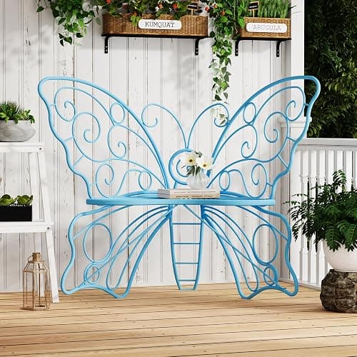 Decoccino 49 Inch Outdoor Bench, Blue Garden Bench with Metal Frame, Weatherproof Butterfly Front Porch Benches for Lawn, Garden, Yard, Balcony thumbnail 3