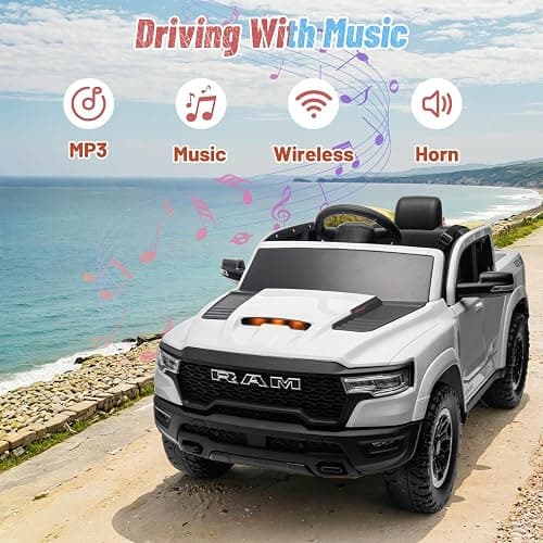 Segmart Licensed RAM 1500 12V Kids Ride on Truck, Electric Car with Remote Control, RAM Truck for Kids with Real Key Start & Gear Shifter, Bluetooth Music, Back Storage (White) thumbnail 6