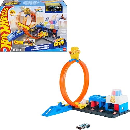 Hot Wheels Toy Car Track Set, Super Police Station Playset with 1:64 Scale Die-Cast Vehicle, Adjustable Loop for Multiple Ways to Race & Stunt - Image 1