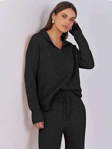 ANRABESS Women Two Piece Outfits Sweater Sets Lounge Waffle Knit Pullover Matching Wide Leg Pants Tracksuit 2025 Fall Fashion thumbnail 3