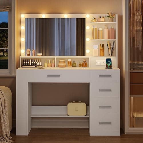 HEXCELEN Vanity Desk, with LED Light, Makeup Vanity with Mirror, Dressing Table with Power Strip, 6 Shelves, 5 Drawers and Open Side Storage, Simple, White thumbnail 4