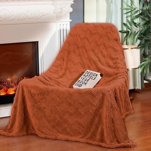 BYKOSY Jacquard Boho Fleece Throw Blanket-Cozy Fluffy Soft Lightweight Fuzzy Blanket for Sofa, Couch, Bed, Chair & Car, Gifts for Teen Girls, Women & Men, Home and Dorm Decor, Rust Red, 50" x 70" - Image 1