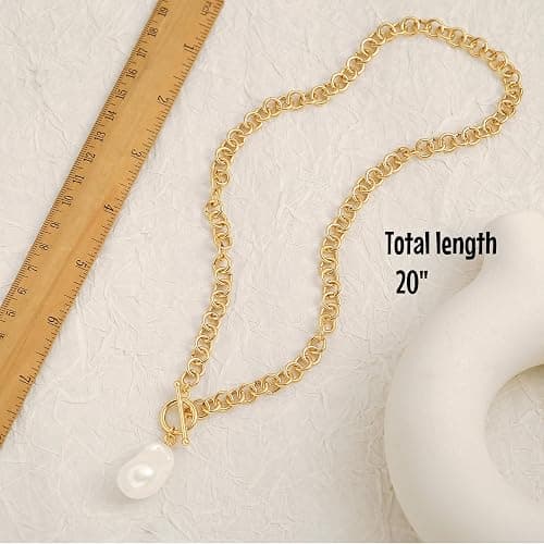 18k Gold Plated Chain Link Necklace for Women, Baroque Pearl/Compass Pendant Necklace thumbnail 7