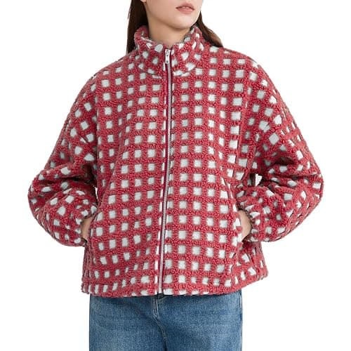 Oymyakon Women Checkered Sherpa Jacket Cropped Long Sleeve Fuzzy Plaid Fleece Coats Casual Zip Up Gingham Outwear thumbnail 5