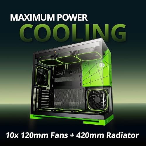Geometric Future M5 Tempered Glass Mid Tower, E-ATX/ATX Gaming Case, 1.2mm Steel, Type C, Toolless Panels, Support 420/360 Radiator, ARGB PWM 140m Fan x 5 Pre-Installed, Black/Green, GEO-M5F-BNY thumbnail 3
