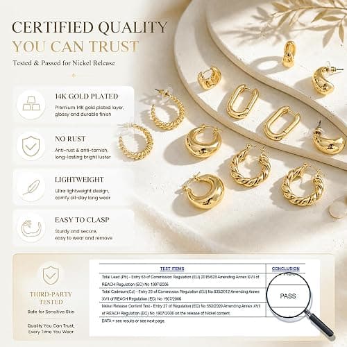 6 Pairs 14K Gold Plated Hoop Earrings for Women Lightweight Chunky Hoop Earrings Multipack Hypoallergenic, Thick Open Twisted Huggie Hoops Earring Set Jewelry for Gifts. thumbnail 6