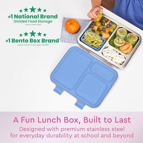 Bentgo Kids Stainless Steel Prints Leak-Resistant Lunch Box - 3-Compartments with Silicone Container, Durable, Eco-Friendly, Dishwasher Safe, BPA-Free, for School, Ages 3+ (Rainbows & Butterflies) thumbnail 4