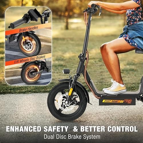 Fastaque Electric Scooter with Seat, 550W Peak Motor E-Scooter Adults, Foldable Scooters for Commute Up to 25 Miles Range, 14” Pneumatic Tire for Outdoor, Dual Disc Brake System, Black thumbnail 4