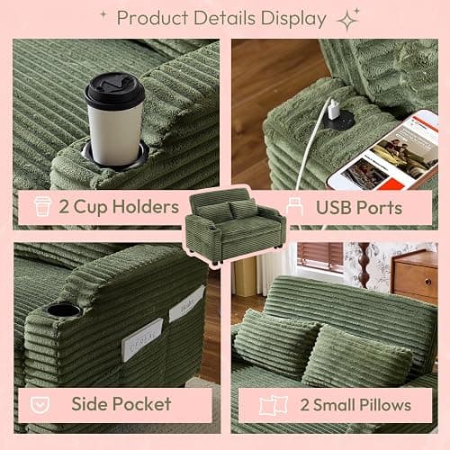 VINGLI Green Futon Sofa Bed Convertible Loveseat Sleeper Sofa Couch, Corduroy Pullout Sofa Fold Out Couch Bed with USB Ports, Cup Holders, Armrest for Living Room, Bedroom Apartment Room thumbnail 7