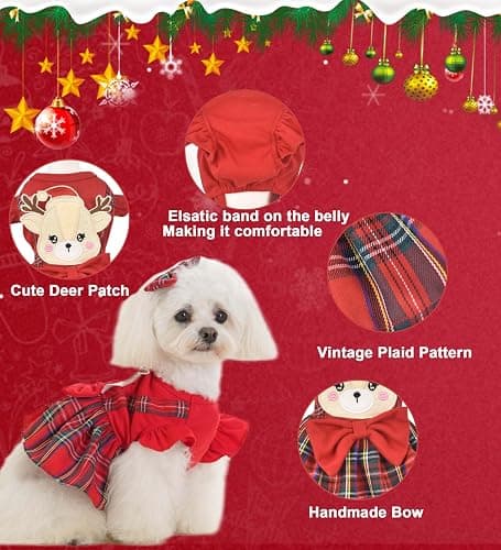 FLAdorepet Reindeer Dog Christmas Dress with Hair Bow,Pet Cat Antler Costume Holiday Outfits,Classic Red Plaid Puppy Skirt Dresses Clothes for Small Medium Dogs Girl,L thumbnail 5