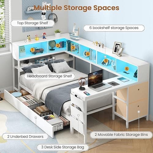 Hasuit Twin Corner Bed with Desk and Storage Bookcase, Daybed with 2 Drawers & 2 Storage Bins, Twin Size Platform Bed Frame with Charging Station and LED Light, Modern Teenagers Bedframe, White thumbnail 6
