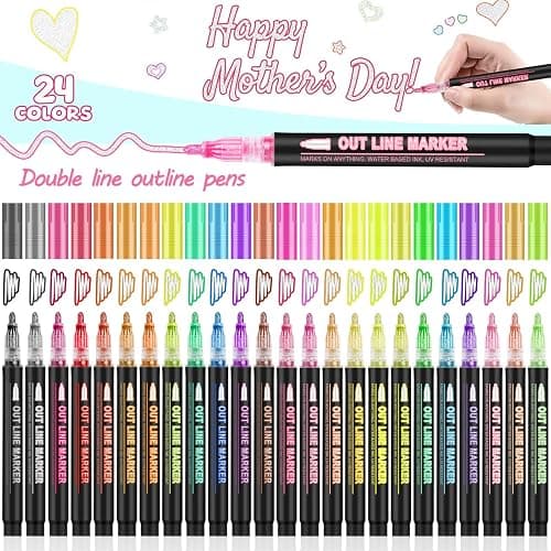 ATDOALL Double Line Outline Markers, 24 Colors Self-Outline Metallic Markers Super Squiggles Shimmer Outline Marker Set for Drawing, Birthday Greeting Card, Doodling, Journal, DIY Art Crafts thumbnail 3